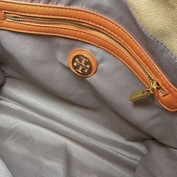 TORY BURCH Tote Bag Orange Leather Canvas Top Handle Limited Edition EUC Rare - Picture 5 of 9